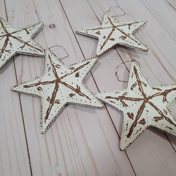 Set 4 Metal White Star Home Decor Shabby Chic Rustic Country Hanging Ornaments - Picture 5 of 5